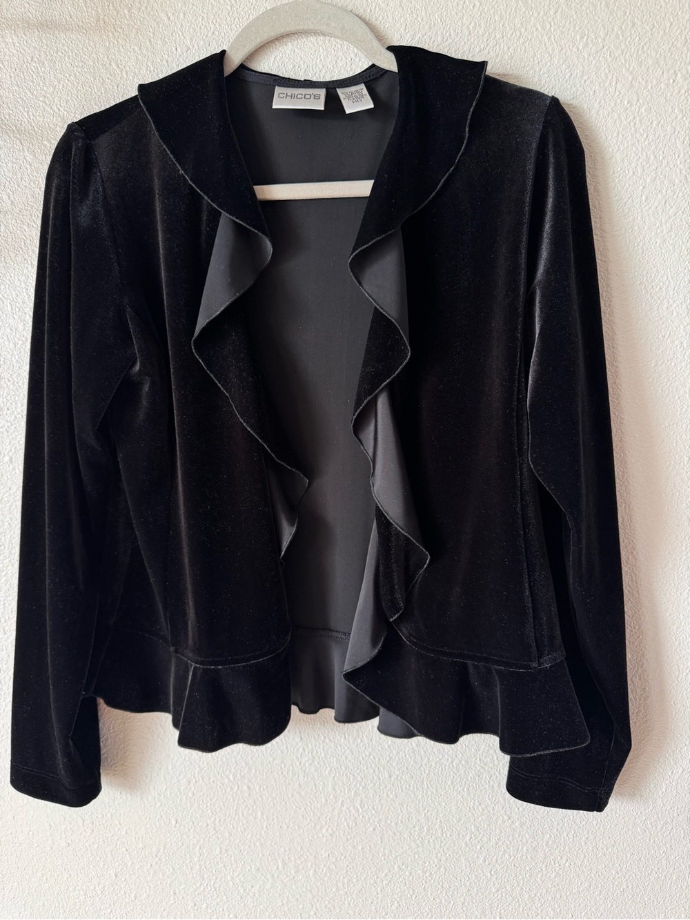 Chico's Black Velvet Ruffle-Front Blazer